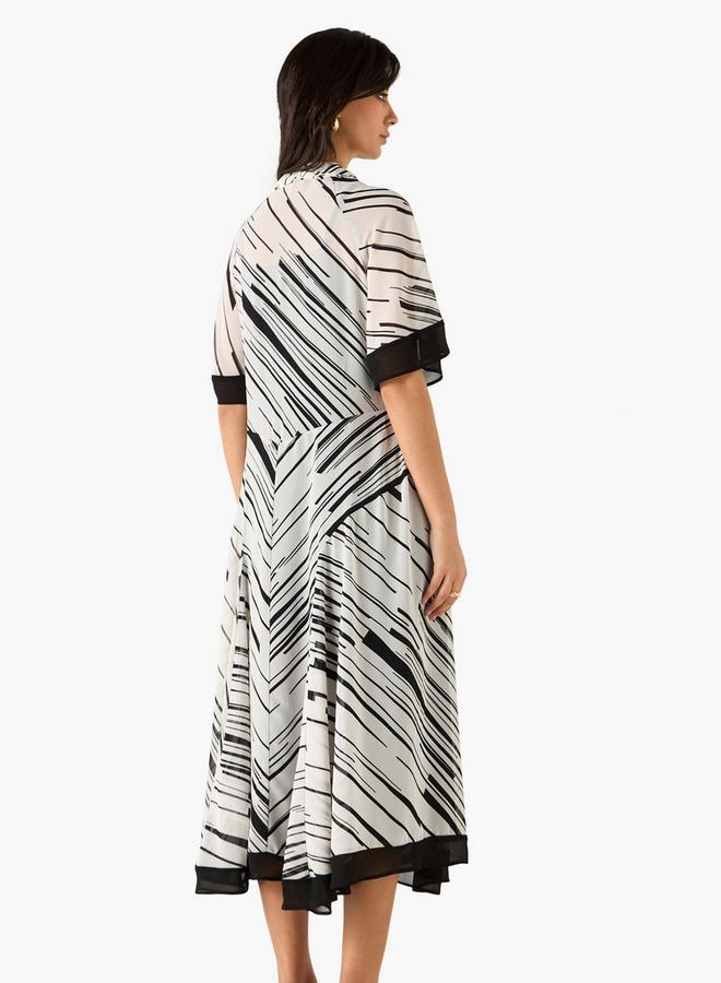 Iconic All-Over Print A-line Midi Dress with Pussy Bow Neck - Image 3