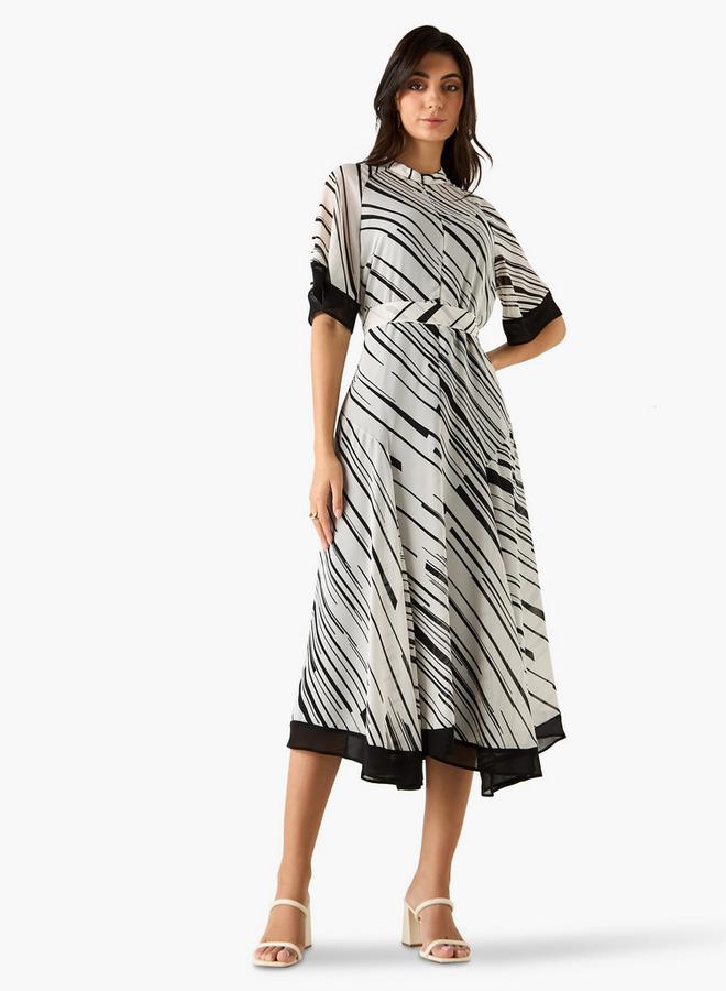 Iconic All-Over Print A-line Midi Dress with Pussy Bow Neck - Image 2