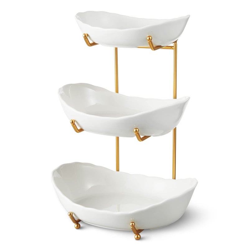 HOMKULA Fruit Bowl for Kitchen Counter  3 Tier Ceramic Serving Bowls with Metal Stand Tiered Fruit Basket for Fruit Vegetable Storage Snack Nuts Cake Dessert Small  Cute Gold