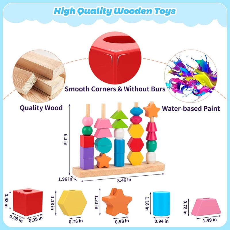 AM ANNA Wooden Beads Sequencing Toy Set, Lacing Beads & Matching Shape,Montessori Toys for 2 3 4 5 Year Old STEM Preschool Education Toys Gifts for Kids Boy Girl - Image 5