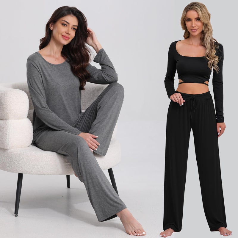 FEQO 4 Pack Women's Pajama Bottoms Lounge Pants Wide Leg Casual Yoga Pants Soft Drawstring Loose Sweatpants for Women(L, Black, Dark Gray, Gray) - Image 5