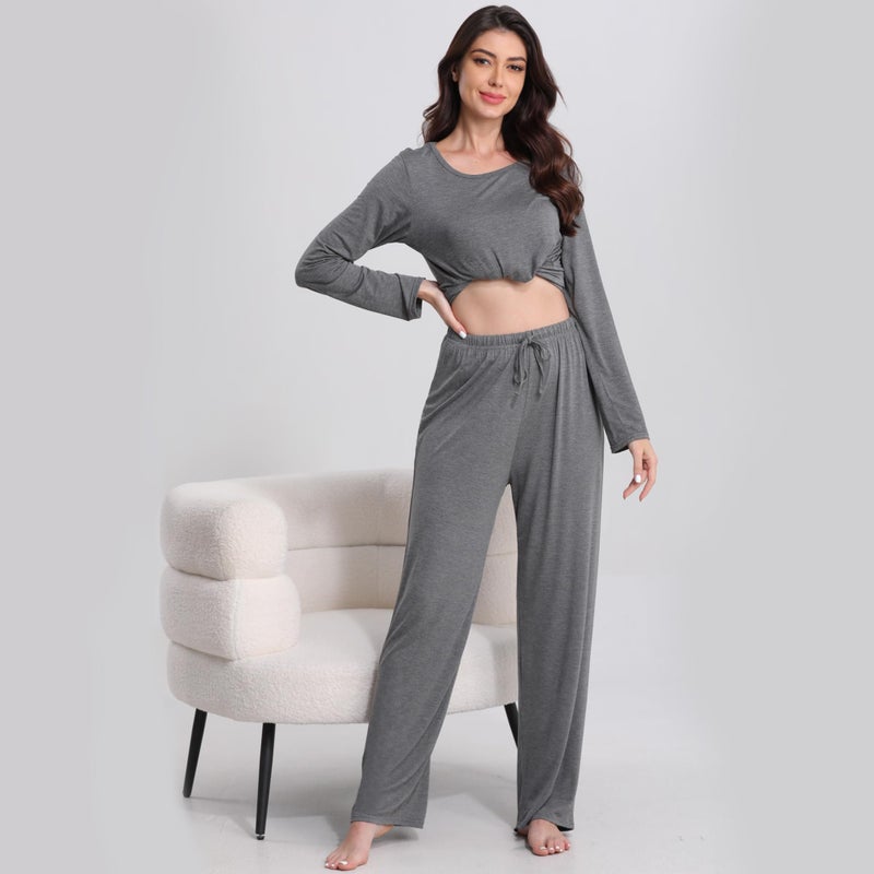 FEQO 4 Pack Women's Pajama Bottoms Lounge Pants Wide Leg Casual Yoga Pants Soft Drawstring Loose Sweatpants for Women(L, Black, Dark Gray, Gray) - Image 2