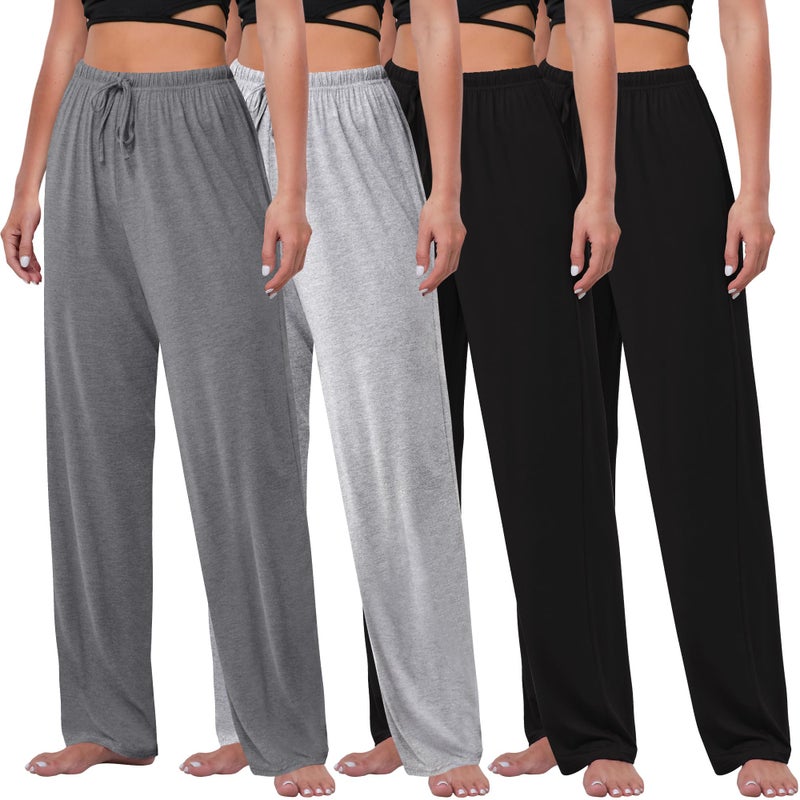 FEQO 4 Pack Women's Pajama Bottoms Lounge Pants Wide Leg Casual Yoga Pants Soft Drawstring Loose Sweatpants for Women(L, Black, Dark Gray, Gray) - Image 1