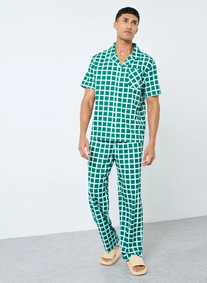 Styli Styli Men Green Checked Shirt and Pyjama Set