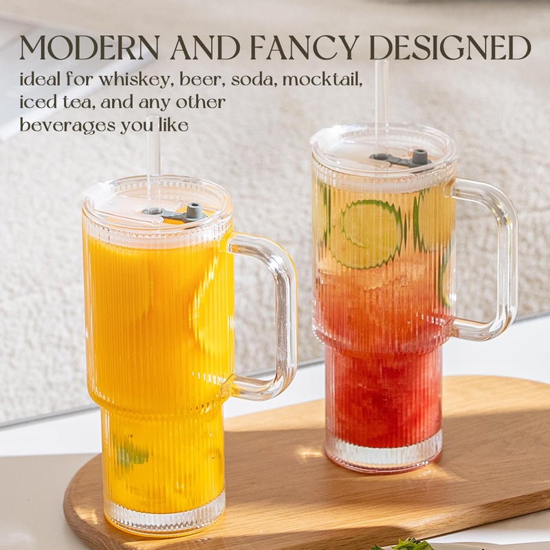 KEMORELA 26oz Ribbed Glass Tumbler with Handle & Lid, 2-Pack Clear large Iced Coffee Cups with Straws, Spill proof Glass Mug for Cold & Hot Beverages, Aesthetic Travel Cup for Smoothies, Tea, and Juice - Image 4