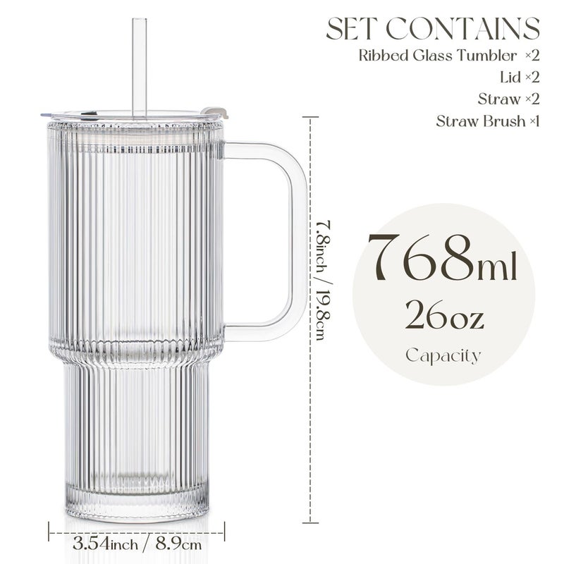KEMORELA 26oz Ribbed Glass Tumbler with Handle & Lid, 2-Pack Clear large Iced Coffee Cups with Straws, Spill proof Glass Mug for Cold & Hot Beverages, Aesthetic Travel Cup for Smoothies, Tea, and Juice - Image 3