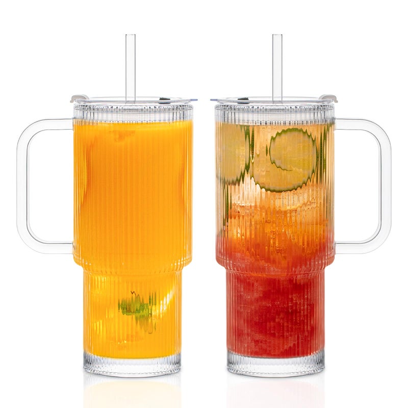 KEMORELA 26oz Ribbed Glass Tumbler with Handle & Lid, 2-Pack Clear large Iced Coffee Cups with Straws, Spill proof Glass Mug for Cold & Hot Beverages, Aesthetic Travel Cup for Smoothies, Tea, and Juice - Image 1