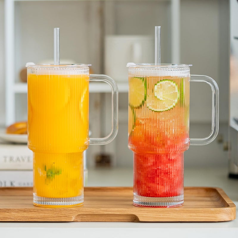 KEMORELA 26oz Ribbed Glass Tumbler with Handle & Lid, 2-Pack Clear large Iced Coffee Cups with Straws, Spill proof Glass Mug for Cold & Hot Beverages, Aesthetic Travel Cup for Smoothies, Tea, and Juice - Image 2