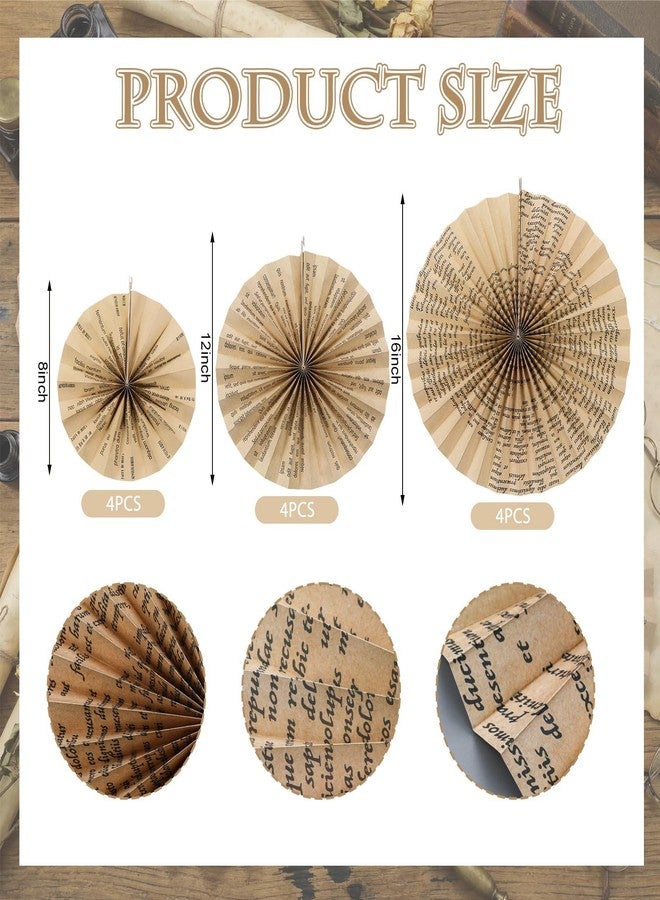 Feifeiya 12 Pcs Vintage Book Hanging Paper Fans 8'' 12'' 16'' Vintage Pages Book Paper Fans Set Round Kraft Newspaper Hanging Ornaments Decorations for Library Club Birthday Wedding Events Party - Image 2