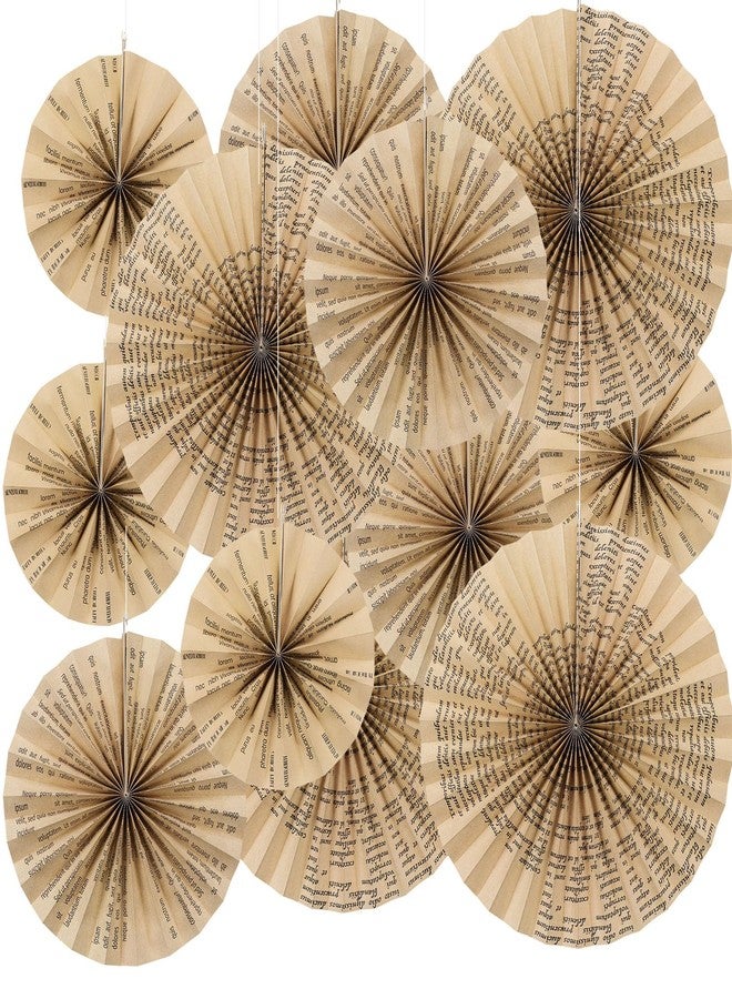 Feifeiya 12 Pcs Vintage Book Hanging Paper Fans 8'' 12'' 16'' Vintage Pages Book Paper Fans Set Round Kraft Newspaper Hanging Ornaments Decorations for Library Club Birthday Wedding Events Party - Image 1