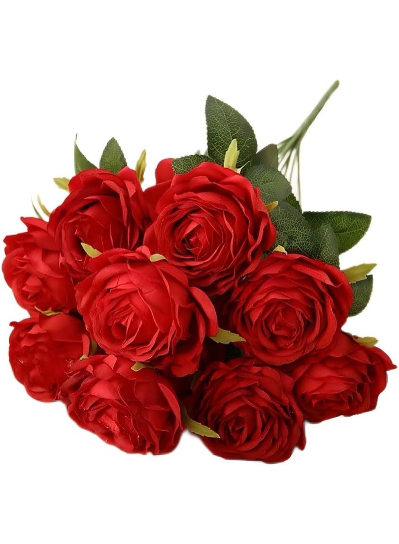 Jasion Artificial Roses Flowers 10 Heads Arrangement Silk Bouquet Glorious Moral for Home Office Parties and Wedding Decoration (Red) - Image 1