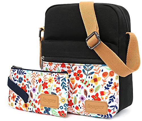 Leaper Girls Crossbody Purses 2 PCS Floral Messenger Bag Canvas Crossbody Bag and Purse Set for Women (SD06-Black) - Image 2