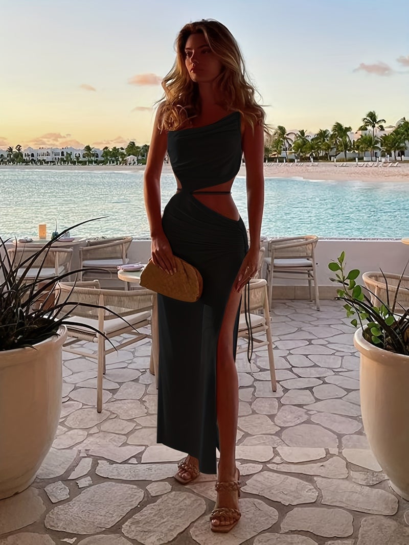 Western Summer Sexy Hollow Out Cami Dress, Cross-Border New Style Tie-Up Side Slit Beach Elegant Long Dress - Image 4
