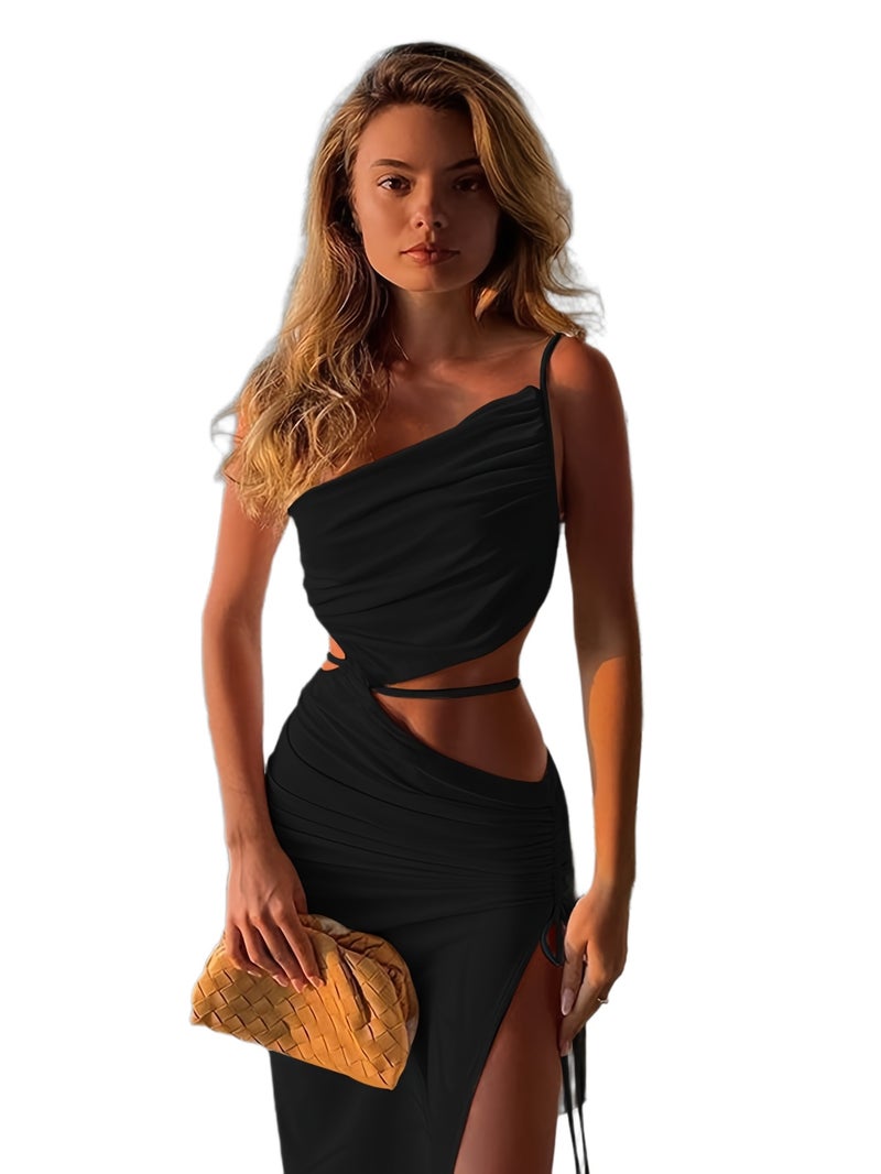 Western Summer Sexy Hollow Out Cami Dress, Cross-Border New Style Tie-Up Side Slit Beach Elegant Long Dress - Image 1