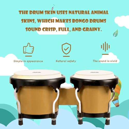 Soulmate Bongo Drums 4” and 5” Set for Kids Beginners Adults Transparent Percussion Bongos Drum with Tuning Wrench,Natural Finish (Brown) - Image 2