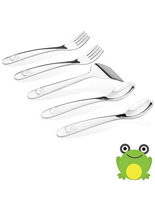 Kiddobloom Baby Stainless Steel Utensil Set, Frog Model, High Grade Stainless #304 (18/8) 5pc set (2 baby spoons, 2 baby safe forks, 1 baby butter spreader). Elegant Baby Keepsake