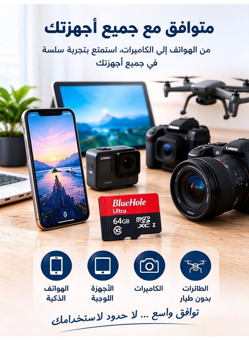 بلو هول بطاقة ذاكرة TF 64 جيجابايت من BlueHole، بطاقة مايكرو إس دي عالية السرعة، بطاقة ذاكرة مقاومة للماء والصدمات لكاميرات لوحة القيادة والمراقبة - Image 4