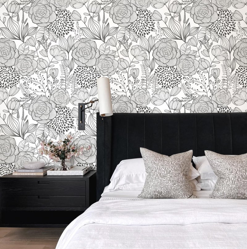 Wudnaye Black and White Floral Wallpaper Peel and Stick Floral Contact Paper 17inÃ—118.1in Flower Black White Self Adhesive Wall Paper for Bathroom Waterproof Removable Wallpapers Cabinets Decorative - Image 3
