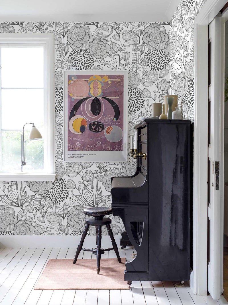 Wudnaye Black and White Floral Wallpaper Peel and Stick Floral Contact Paper 17inÃ—118.1in Flower Black White Self Adhesive Wall Paper for Bathroom Waterproof Removable Wallpapers Cabinets Decorative - Image 2