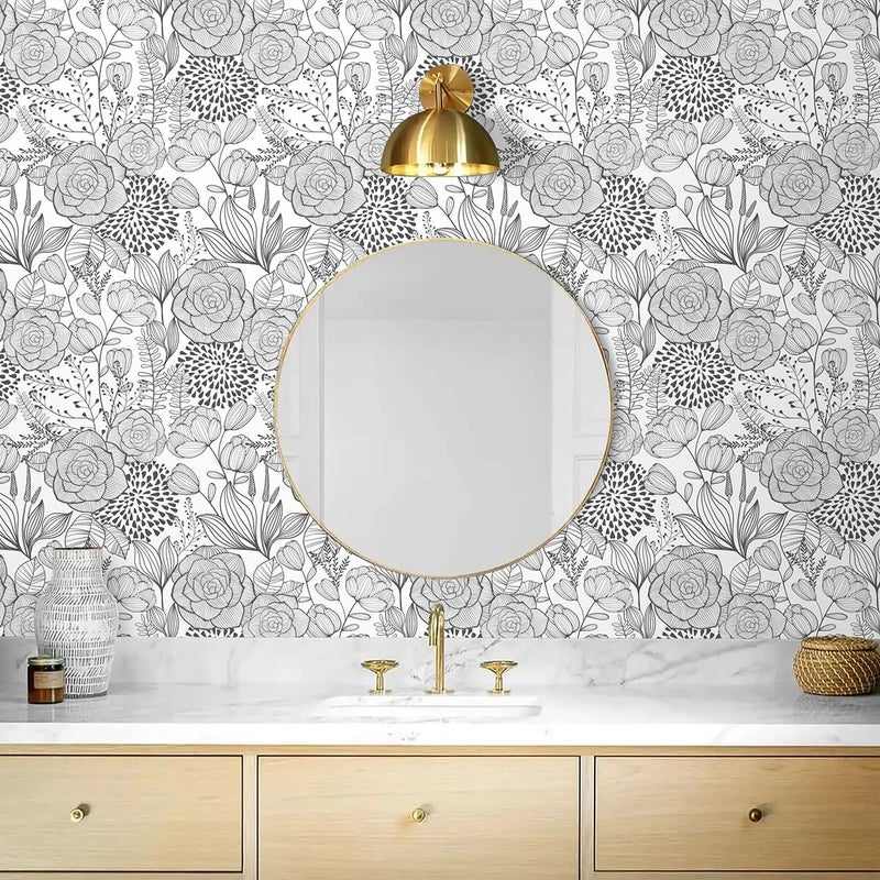 Wudnaye Black and White Floral Wallpaper Peel and Stick Floral Contact Paper 17inÃ—118.1in Flower Black White Self Adhesive Wall Paper for Bathroom Waterproof Removable Wallpapers Cabinets Decorative - Image 5