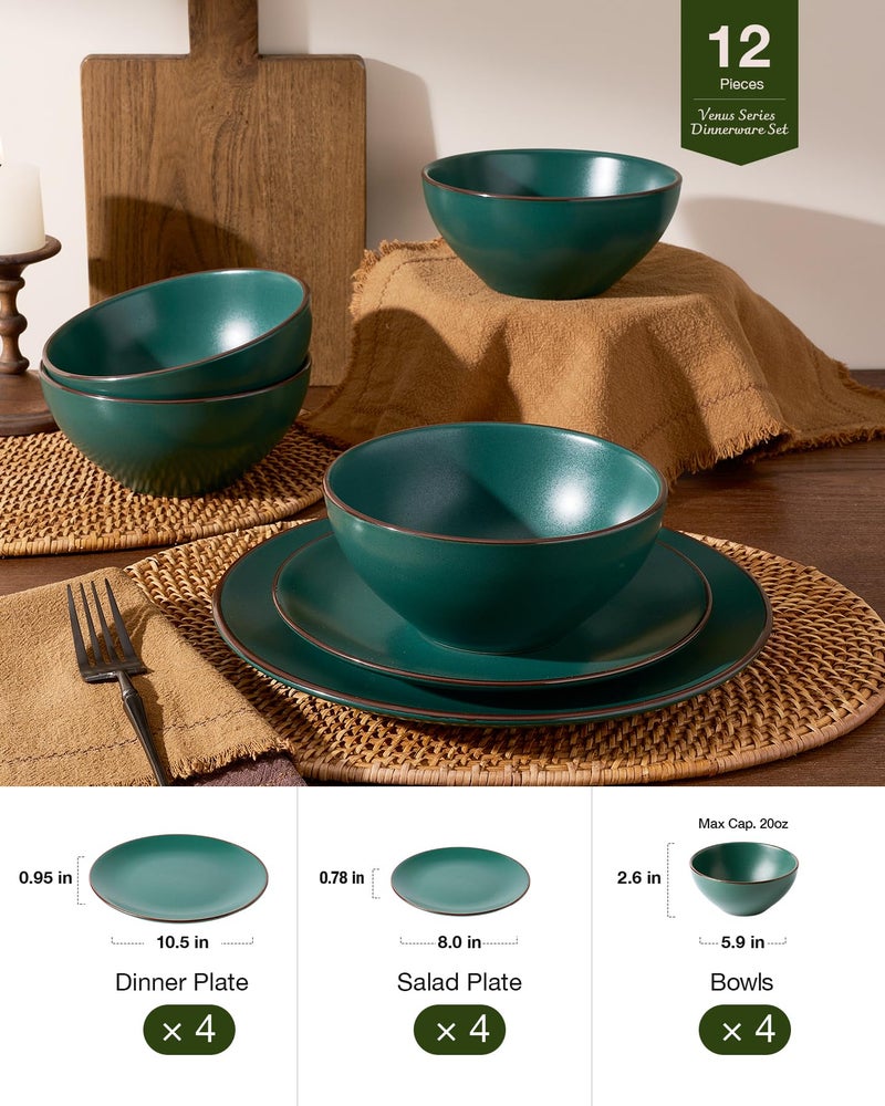 Famiware Venus Plates and Bowls Sets, 12 Pieces Stoneware Speckled Dinnerware Dishes Set for 4, Matte Dark Green - Microwave & Dishwasher Safe, Modern Minimalist, for Everyday Meals & Formal Dining - Image 5