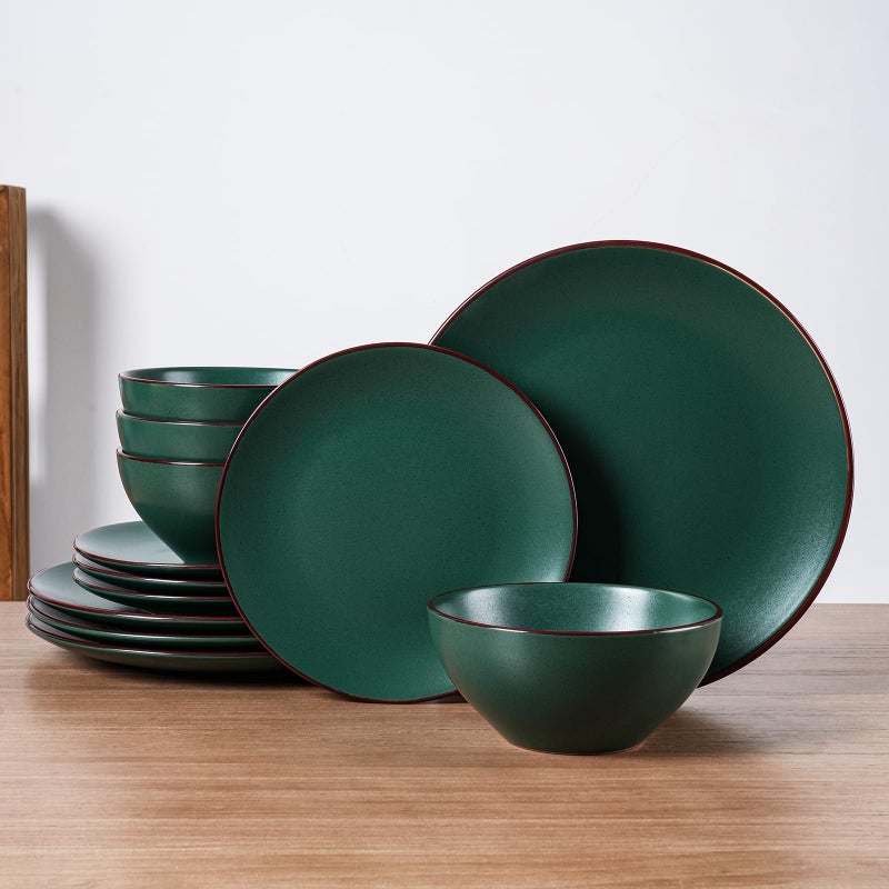 Famiware Venus Plates and Bowls Sets, 12 Pieces Stoneware Speckled Dinnerware Dishes Set for 4, Matte Dark Green - Microwave & Dishwasher Safe, Modern Minimalist, for Everyday Meals & Formal Dining - Image 1