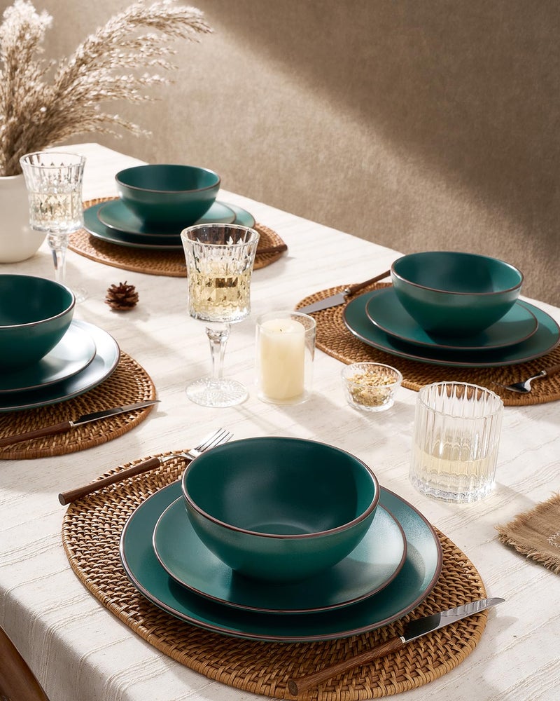 Famiware Venus Plates and Bowls Sets, 12 Pieces Stoneware Speckled Dinnerware Dishes Set for 4, Matte Dark Green - Microwave & Dishwasher Safe, Modern Minimalist, for Everyday Meals & Formal Dining - Image 2