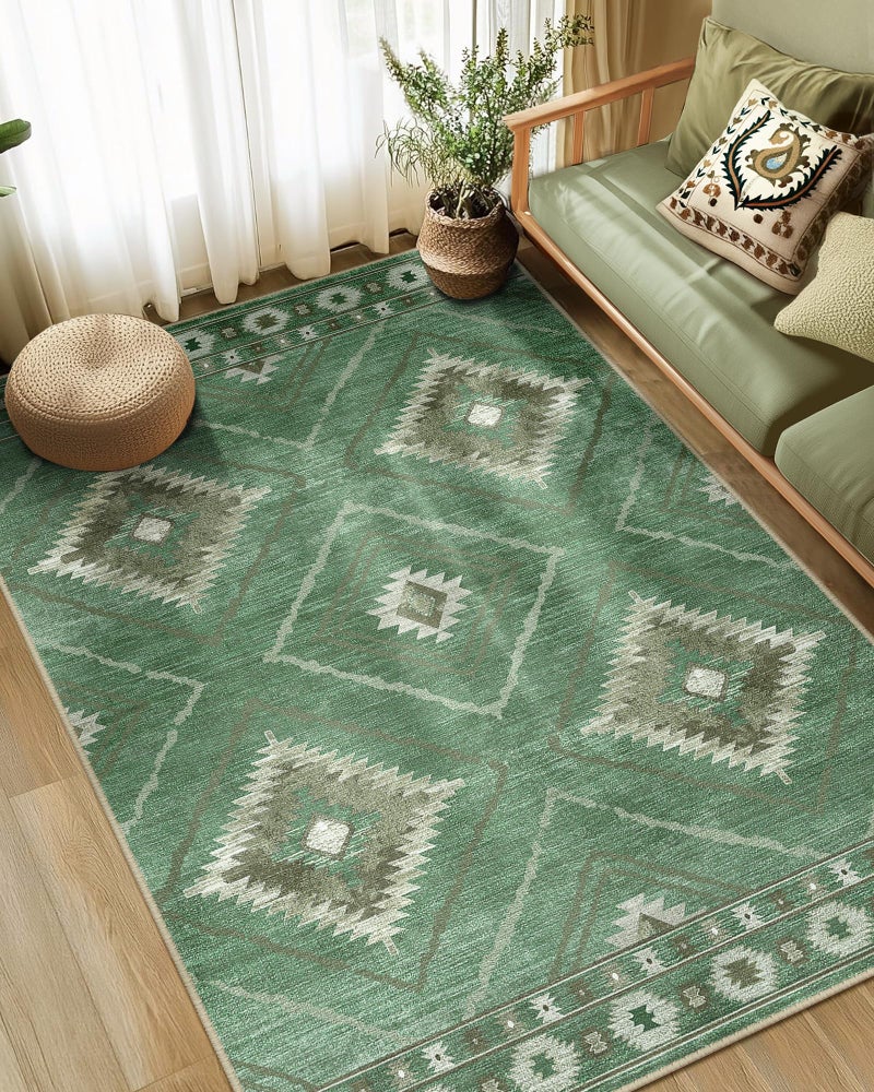 BESTSWEETIE Area Rug 5x7 Rug Machine Washable Rug Non-Slip Low Pile Print Pattern Western Rug for Living Room Bedroom Entryway Tribal Series -Sage - Image 1