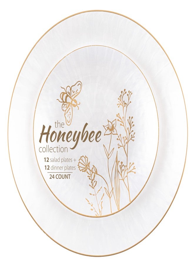 PLASTICPRO مجموعة PLASTICPRO Honeybee المكونة من 24 قطعة، أطباق عشاء بلاستيكية بيضاء لؤلؤية بحواف ذهبية، أطباق بلاستيكية للاستخدام مرة واحدة، أطباق حفلات فاخرة شديدة التحمل، 12 طبقًا مقاس 7 بوصات و12 طبقًا مقاس 10 بوصات، أدوات مائدة أنيقة - Image 1