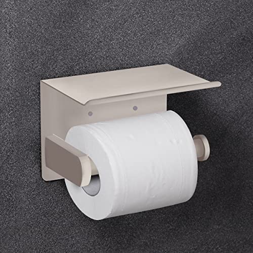 VAEHOLD Self Adhesive Toilet Paper Holder with Phone Shelf SUS 304 Stainless Steel Wall Mounted Toilet Paper Roll Holder - Rustproof and Bathroom Washroom Tissue Roll Holder with Shelf -Beige - Image 4