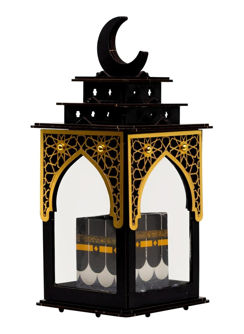 Wood lanterns, laser cutting and heavy materials, Kaaba lantern with light and golden Ramadan songs. Size: 21x 12 cm.