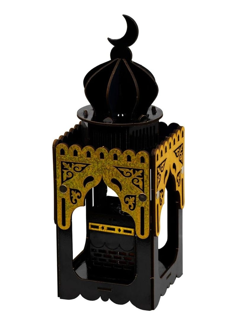 Wood lanterns, laser cutting and heavy materials, Kaaba lantern with light and golden Ramadan songs. Size: 21x 12 cm.