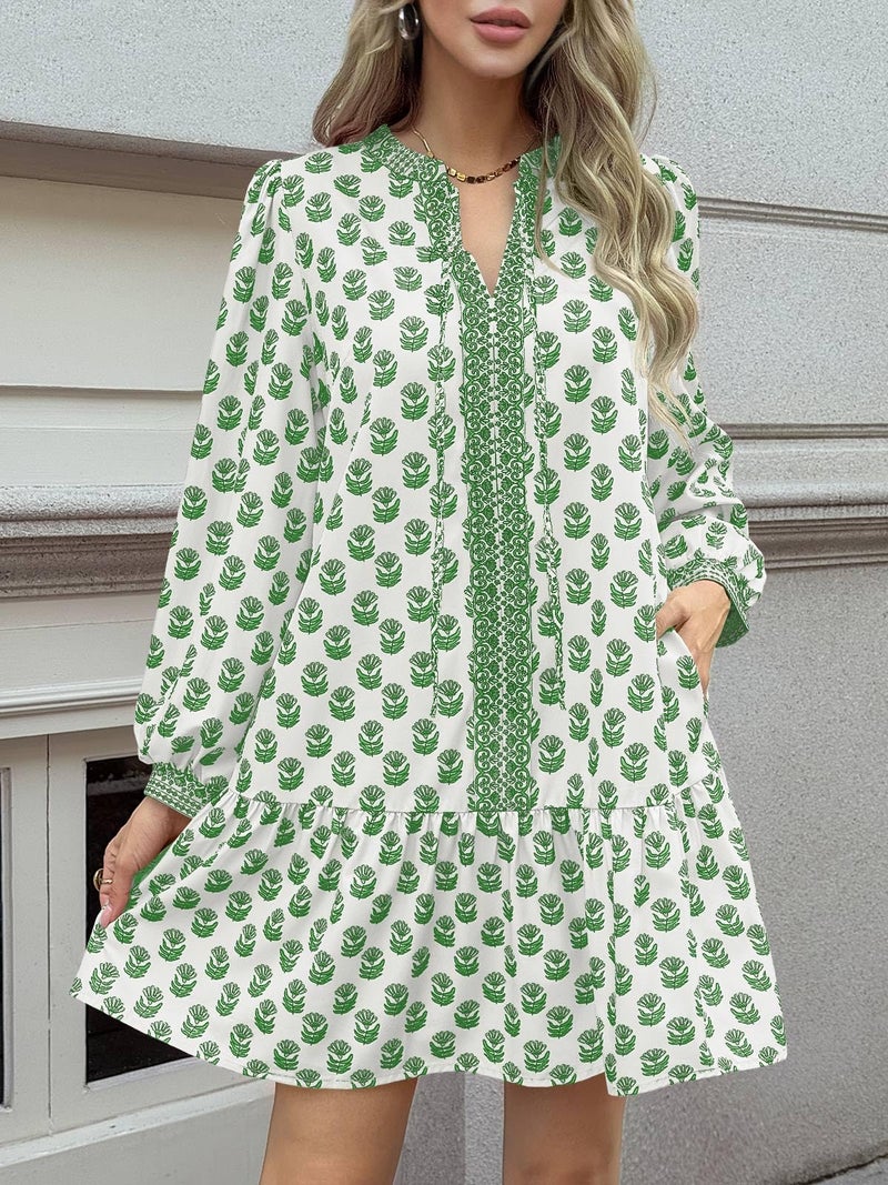 Wenrine Womens Long Sleeve Casual Mini Dress Floral V Neck Ruffle Loose Fall Boho Babydoll Dresses with Pockets White - Image 3