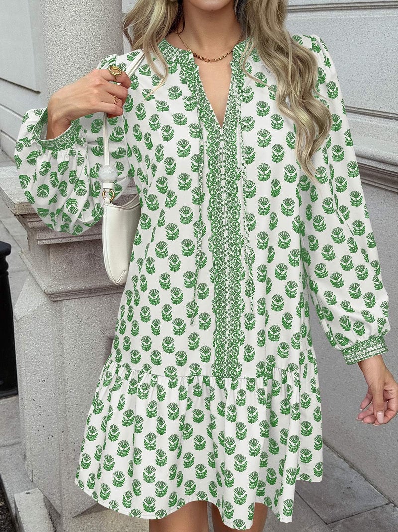Wenrine Womens Long Sleeve Casual Mini Dress Floral V Neck Ruffle Loose Fall Boho Babydoll Dresses with Pockets White - Image 4