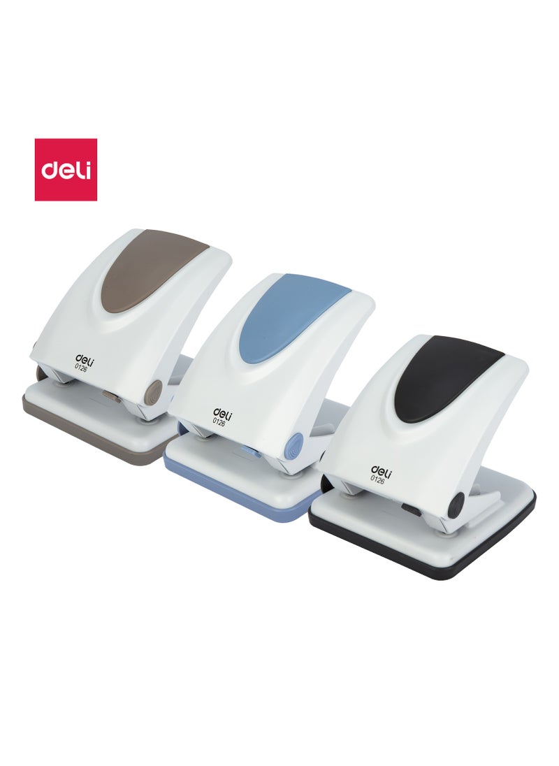 Deli Deli E0126 80mm Hole Distance Φ6mm Hole Diameter Plastic+Metal Two-hole Punch Max. 35 Sheets, Warm Gray/Black Gray/Light Blue Asst. 1PCS/Color Box - Perfect for Office, School & Home Use  - Image 1
