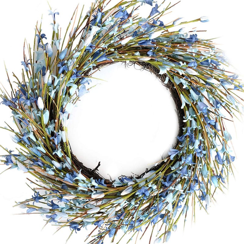 Bibelot 18inch Artificial Forsythia Flower Wreath All Year Around Wreath for Front Door Wedding Window Home Wall Indoor Front Door Decor Blue 18in