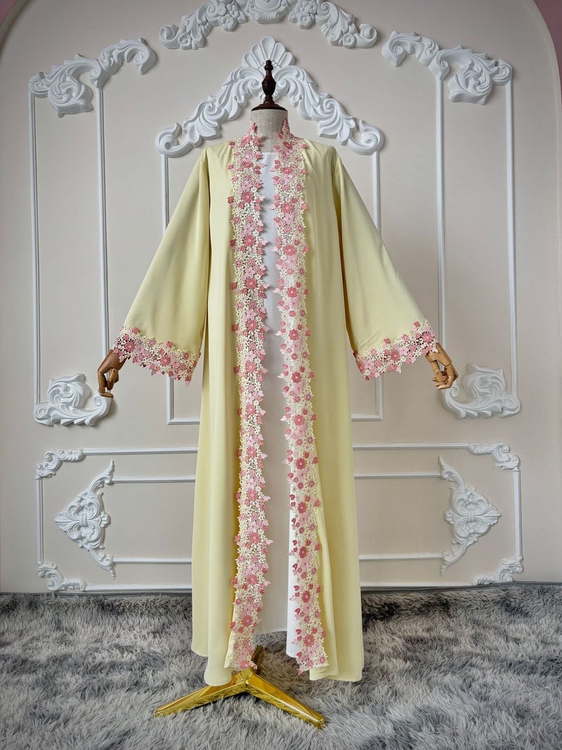 Women's Long Cardigan with 3D Floral Lace Trim, Loose Flared Sleeves, Light Yellow