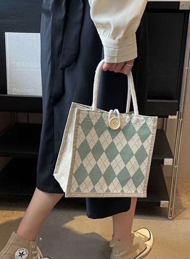 MIXDE نمط هندسي عطلة نمط حقيبة مربعة مع مقابض مزدوجة المرأة زر ديكور Colorblock حقيبة مربعة السيدات الكتان حقيبة يد مع مقابض  - Image 4