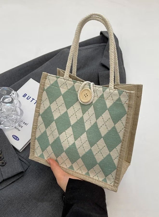MIXDE نمط هندسي عطلة نمط حقيبة مربعة مع مقابض مزدوجة المرأة زر ديكور Colorblock حقيبة مربعة السيدات الكتان حقيبة يد مع مقابض  - Image 1