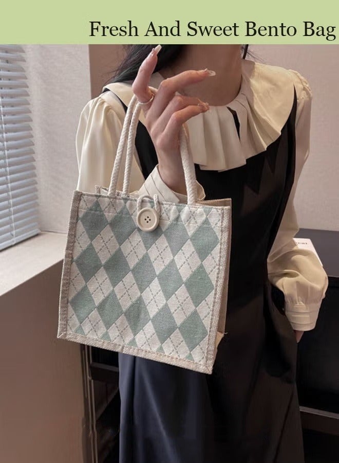 MIXDE نمط هندسي عطلة نمط حقيبة مربعة مع مقابض مزدوجة المرأة زر ديكور Colorblock حقيبة مربعة السيدات الكتان حقيبة يد مع مقابض  - Image 3
