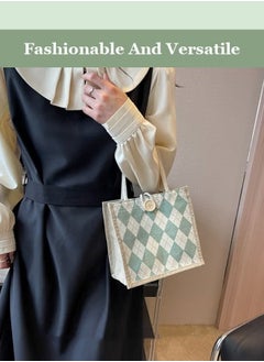 MIXDE نمط هندسي عطلة نمط حقيبة مربعة مع مقابض مزدوجة المرأة زر ديكور Colorblock حقيبة مربعة السيدات الكتان حقيبة يد مع مقابض  - Image 5