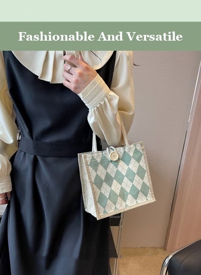 MIXDE نمط هندسي عطلة نمط حقيبة مربعة مع مقابض مزدوجة المرأة زر ديكور Colorblock حقيبة مربعة السيدات الكتان حقيبة يد مع مقابض  - Image 5