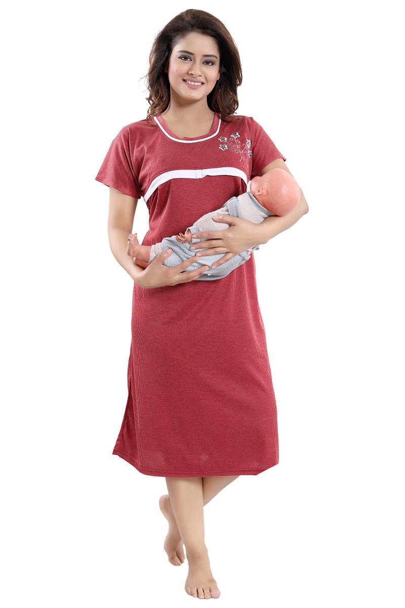 Fabme Women's Maternity Night Dress (NW0182_Maroon_Free Size) - Image 1