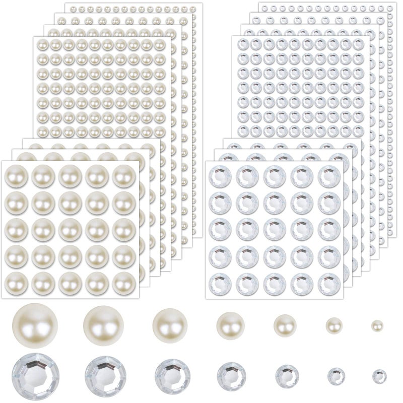 2032 Pieces Self Adhesive Hair Gems and Hair Pearls Face Pearls and Jewels Stickers for Makeup Crafts Home Decor Scrapbooking Embellishments 7 Sizes 3mm4mm5mm6mm8mm10mm12mm