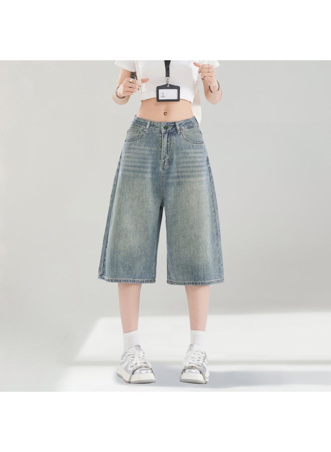 هابي بنطال كابري دينيم بلون نوستالجي للنساء، صيفي خفيف جديد، فضفاض، نحيف، خصر مرتفع، كلاسيكي، يناسب جميع الإطلالات، واسع الساق - Image 1