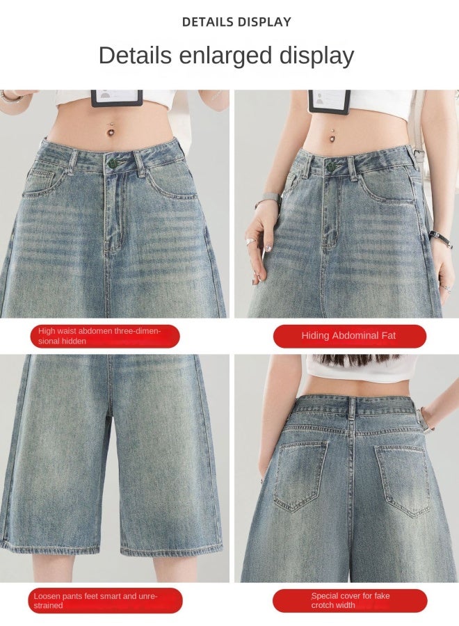 هابي بنطال كابري دينيم بلون نوستالجي للنساء، صيفي خفيف جديد، فضفاض، نحيف، خصر مرتفع، كلاسيكي، يناسب جميع الإطلالات، واسع الساق - Image 2