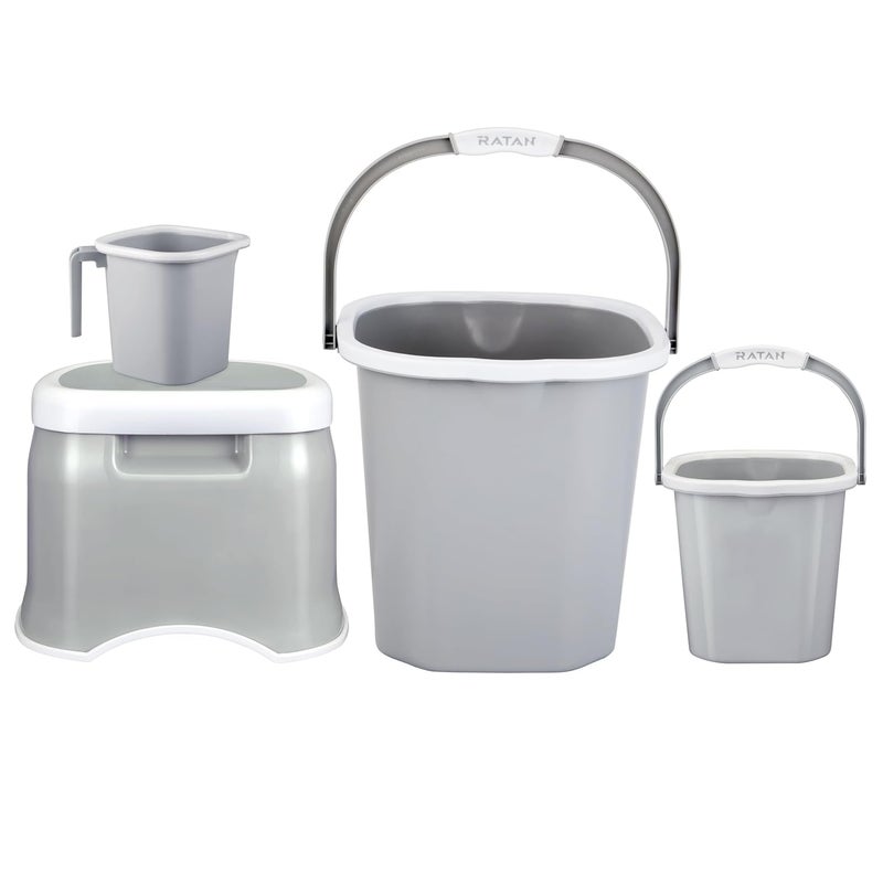 RATAN PLASTICWARE مجموعة حمام راتان بلاستيك بريميا دلو 5 لتر × 1 دلو 25 لتر × 1 كوب 15 لتر × 1 مقعد صغير × 1 رمادي دياسو سهل الحمل مثالي للاستخدام في الحمامات والمطابخ والمناطق الرطبة - Image 1