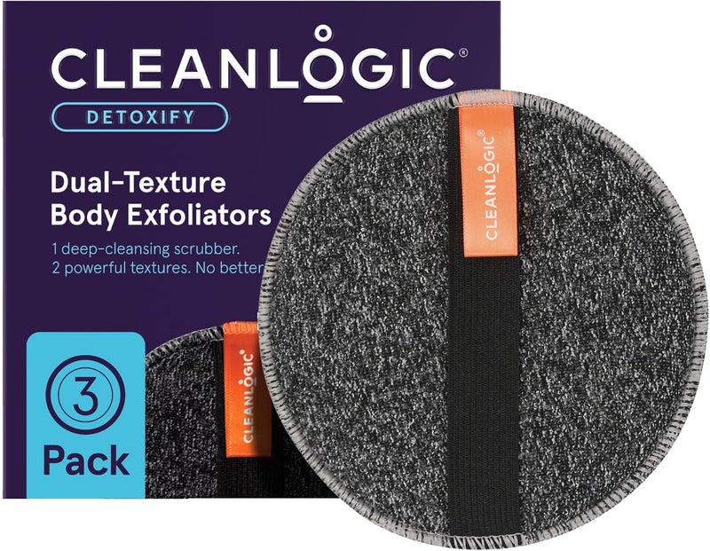 Clean Logic Detoxify Purifying Charcoal Infused Exfoliating Body Scrubber, Dual-Texture Round Exfoliator Tool for Smooth, Clean Skin, Daily Skincare Routine, 3 Count Value Pack - Image 1
