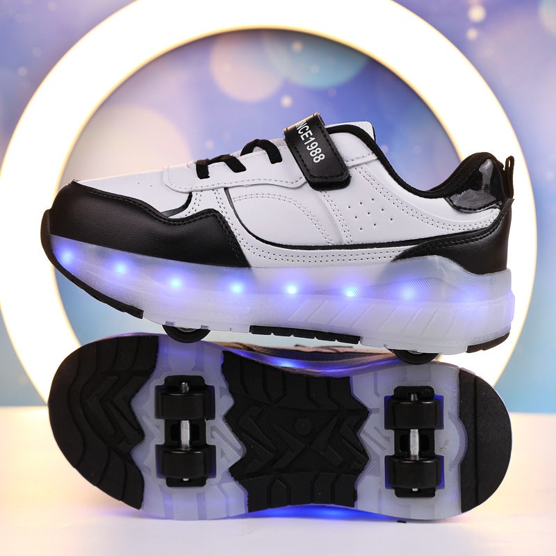 New Kids Sneakers with Wheels, Boys and Girls Roller Skate Shoes 9988 white and black 【four wheels with lights】】