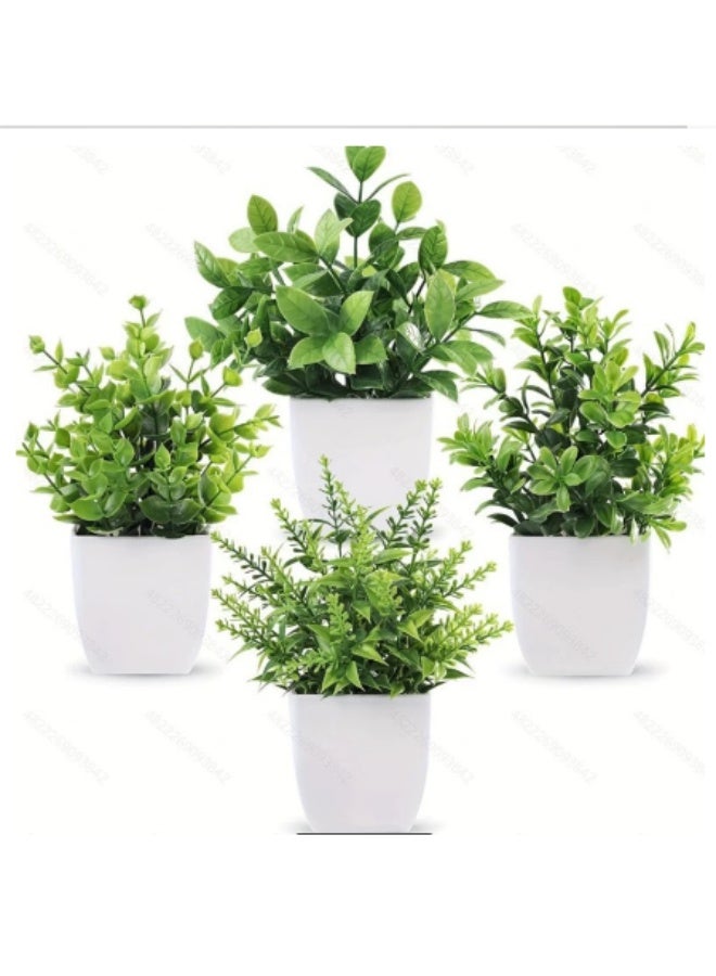 Arabest عبوة من 4 نباتات مصغرة صناعية في أصص، نباتات خضراء مختلطة واقعية من البلاستيك لتزيين المنزل، نباتات صغيرة مزيفة داخلية وخارجية للمكتب، الرف، الشرفة (أخضر + أبيض) - Image 1